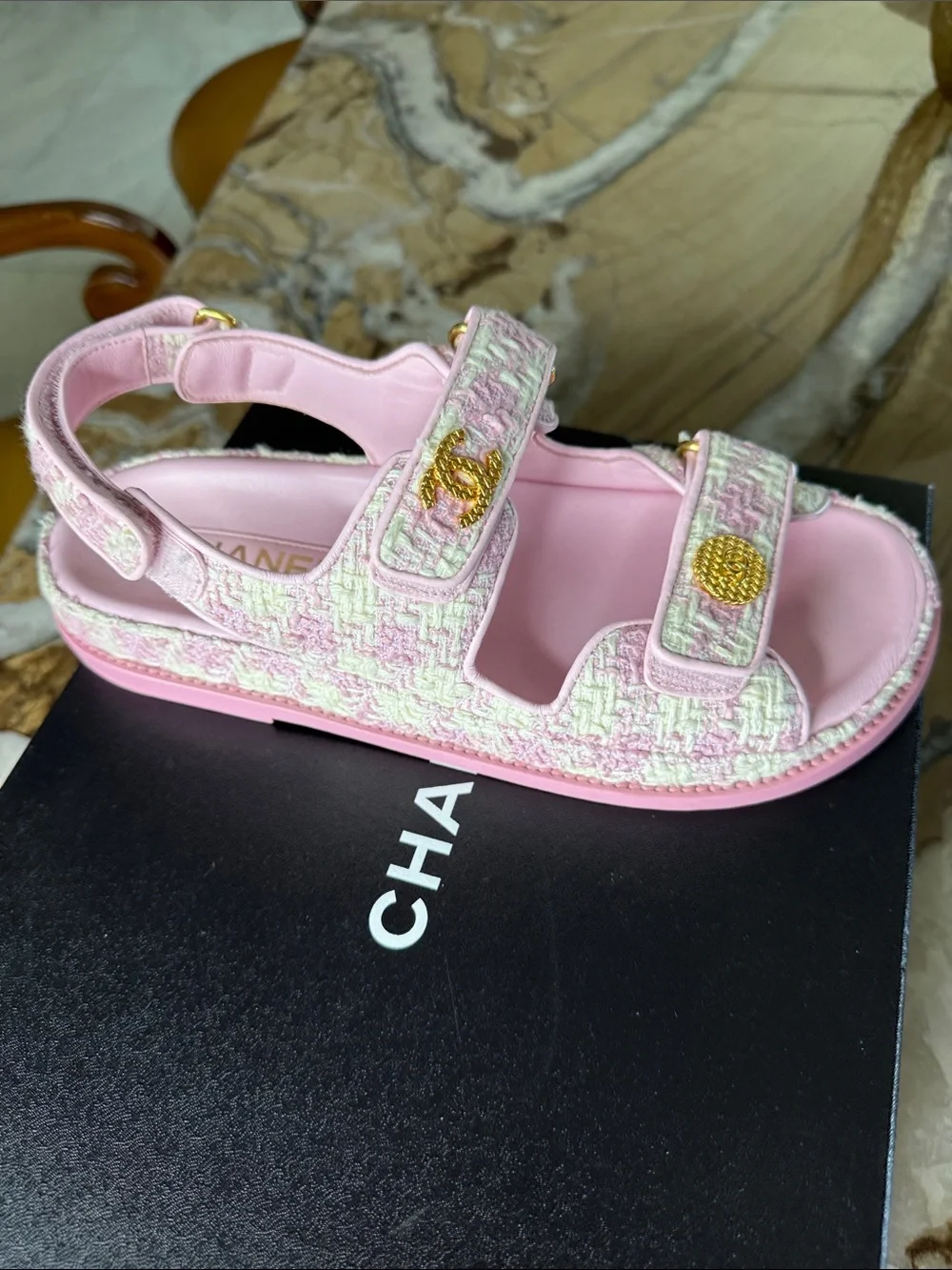 CHANEL Pink Tweed Women’s Sandals with Gold CC Buttons.
